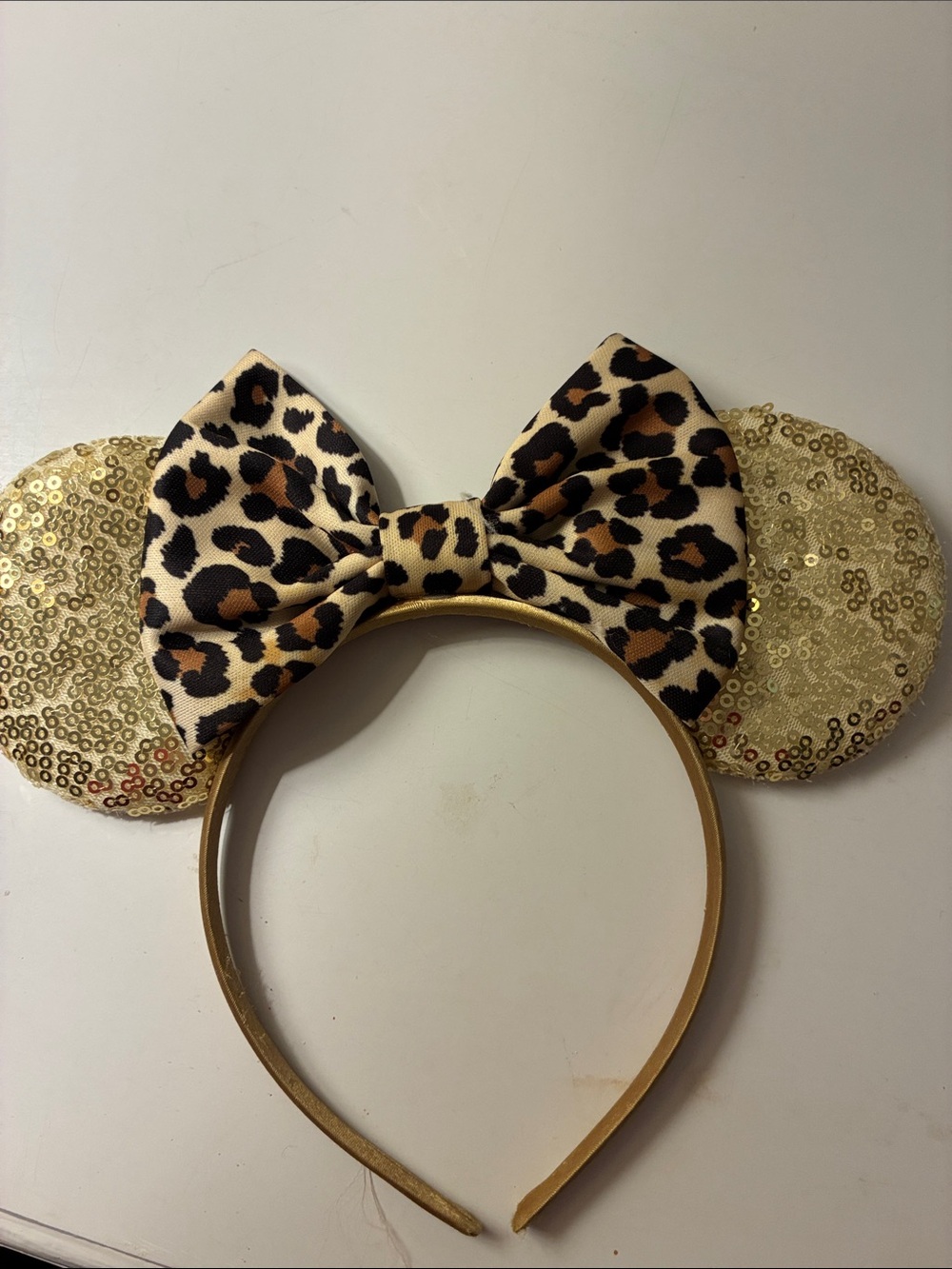 Leopard Print Bow Headband with Gold Sequin Ears